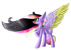 Size: 2912x2060 | Tagged: safe, artist:mediasmile666, imported from derpibooru, oc, oc only, pony, colored muzzle, female, high res, mare, raised hoof, simple background, solo, spread wings, transparent background, two toned wings, wings