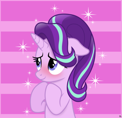 Size: 3779x3636 | Tagged: safe, artist:anime-equestria, imported from derpibooru, starlight glimmer, pony, unicorn, blushing, cute, female, floppy ears, glimmerbetes, happy, high res, horn, mare, smiling, solo, sparkles