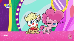 Size: 853x480 | Tagged: safe, imported from derpibooru, screencap, applejack, pinkie pie, earth pony, pony, lolly-pop, my little pony: pony life, spoiler:pony life, spoiler:pony life s02e19, apple, clown, clown makeup, clown nose, duo, duo female, female, food, g4.5, mirror, one eye closed, pony life, red nose, sitting, smug, wink