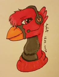 Size: 1458x1882 | Tagged: safe, artist:agdapl, imported from derpibooru, griffon, clothes, crossover, griffonized, headset, rule 63, scout, signature, smiling, solo, species swap, team fortress 2, traditional art