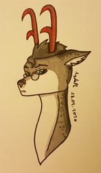 Size: 1433x2437 | Tagged: safe, artist:agdapl, imported from derpibooru, deer, antlers, bust, crossover, glasses, male, medic, signature, smiling, solo, species swap, team fortress 2, traditional art