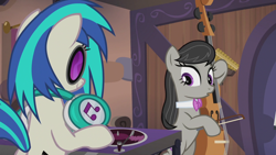 Size: 1920x1080 | Tagged: safe, imported from derpibooru, screencap, dj pon-3, octavia melody, vinyl scratch, earth pony, unicorn, season 5, slice of life (episode), bow (instrument), cello, female, headphones, mare, musical instrument