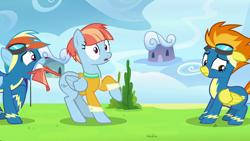 Size: 1920x1080 | Tagged: safe, imported from derpibooru, screencap, rainbow dash, spitfire, windy whistles, pegasus, pony, parental glideance, clothes, female, mare, tail, tail pull, uniform, wonderbolts uniform