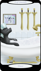 Size: 1500x2591 | Tagged: safe, artist:sixes&sevens, imported from derpibooru, part of a set, cloudchaser, flitter, rumble, thunderlane, pegasus, pony, bathroom, bathtub, bubble bath, claw foot bathtub, eyes closed, four of swords, male, minor arcana, solo, sword, tarot card, weapon