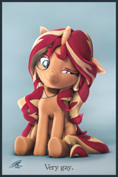 Size: 3600x5400 | Tagged: safe, artist:imafutureguitarhero, imported from derpibooru, sunset shimmer, pony, unicorn, 3d, absurd resolution, alternate mane, arm freckles, behaving like a cat, border, cheek fluff, chest freckles, chin fluff, chromatic aberration, colored eyebrows, colored eyelashes, cute, ear fluff, female, film grain, floppy ears, fluffy, freckles, fur, gay, horn, inspired by another artist, louis wain, male, mare, monocle, multicolored hair, multicolored mane, multicolored tail, nose wrinkle, peppered bacon, recreation, revamped ponies, shimmerbetes, signature, sitting, smiling, smug, smugset shimmer, solo, source filmmaker, text
