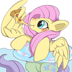 Size: 768x768 | Tagged: safe, artist:utoimohu, imported from derpibooru, fluttershy, pegasus, pony, blushing, cute, eating, female, floating, food, inner tube, mare, partially submerged, pixiv, shyabetes, slice of pizza, solo, tomato, underwater, water, wing hands, wings