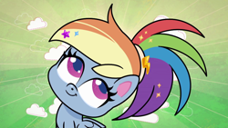 Size: 1920x1080 | Tagged: safe, imported from derpibooru, screencap, rainbow dash, pegasus, pony, my little pony: pony life, what goes updo, spoiler:pony life s02e17, 1080p, alternate hairstyle, cute, dashabetes, female, g4.5, mare, pony life, ponytail, solo