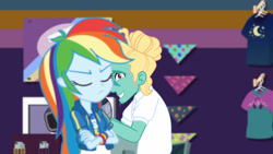 Size: 3410x1920 | Tagged: safe, imported from derpibooru, screencap, rainbow dash, zephyr breeze, equestria girls, equestria girls series, holidays unwrapped, spoiler:eqg series (season 2), clothes, crossed arms, cutie mark, cutie mark on clothes, dashing through the mall, eyes closed, female, geode of super speed, hoodie, jewelry, magical geodes, male, necklace