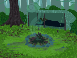 Size: 800x600 | Tagged: safe, artist:rangelost, imported from derpibooru, cyoa:d20 pony, forest, grass, morning, no pony, outdoors, pixel art, smoke, tent, tree
