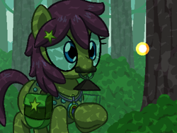 Size: 800x600 | Tagged: safe, artist:rangelost, imported from derpibooru, oc, oc only, oc:trailblazer, earth pony, firefly (insect), insect, pony, cyoa:d20 pony, bag, bush, female, forest, lantern, mare, morning, mouth hold, outdoors, pixel art, saddle bag, solo, tree