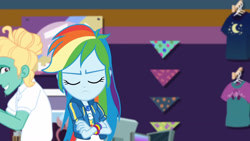 Size: 3410x1920 | Tagged: safe, imported from derpibooru, screencap, rainbow dash, zephyr breeze, equestria girls, equestria girls series, holidays unwrapped, spoiler:eqg series (season 2), clothes, crossed arms, cutie mark, cutie mark on clothes, dashing through the mall, eyes closed, female, geode of super speed, hoodie, jewelry, magical geodes, male, necklace