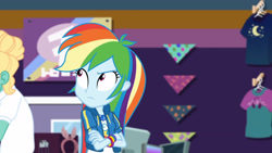 Size: 3410x1920 | Tagged: safe, imported from derpibooru, screencap, rainbow dash, zephyr breeze, equestria girls, equestria girls series, holidays unwrapped, spoiler:eqg series (season 2), clothes, crossed arms, cutie mark, cutie mark on clothes, dashing through the mall, female, geode of super speed, hoodie, jewelry, looking up, magical geodes, male, necklace