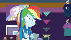 Size: 3410x1920 | Tagged: safe, imported from derpibooru, screencap, rainbow dash, equestria girls, equestria girls series, holidays unwrapped, spoiler:eqg series (season 2), clothes, crossed arms, cutie mark, cutie mark on clothes, dashing through the mall, female, geode of super speed, hoodie, jewelry, looking up, magical geodes, necklace, solo