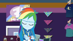 Size: 3410x1920 | Tagged: safe, imported from derpibooru, screencap, rainbow dash, equestria girls, equestria girls series, holidays unwrapped, spoiler:eqg series (season 2), clothes, crossed arms, cutie mark, cutie mark on clothes, dashing through the mall, eyes closed, female, geode of super speed, hoodie, jewelry, magical geodes, necklace, solo