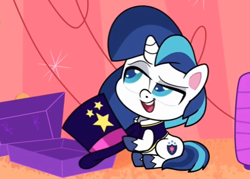 Size: 1124x805 | Tagged: safe, imported from derpibooru, screencap, magic hat, shining armor, pony, unicorn, my little pony: pony life, spoiler:pony life s02e20, cropped, g4.5, hat, little miss fortune, male, open mouth, pony life, sitting, solo, stallion