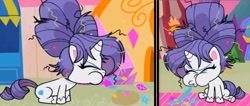 Size: 920x391 | Tagged: safe, imported from derpibooru, screencap, rarity, pony, unicorn, my little pony: pony life, what goes updo, spoiler:pony life s02e17, female, fetish fuel, g4.5, mare, messy mane, pony life, sitting, vomit, vomiting, vomiting gems