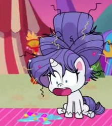 Size: 671x760 | Tagged: safe, imported from derpibooru, screencap, rarity, pony, unicorn, my little pony: pony life, what goes updo, spoiler:pony life s02e17, cropped, female, g4.5, messy mane, open mouth, pony life, sitting, solo, vomit