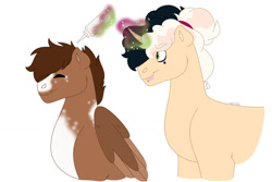 Size: 1280x854 | Tagged: safe, artist:itstechtock, imported from derpibooru, oc, oc only, oc:halfmoon cookie, oc:whippoorwill, pegasus, pony, unicorn, female, hair dye, magic, magical lesbian spawn, male, mare, offspring, parent:derpy hooves, parent:doctor whooves, parent:fresh coat, parent:sweet biscuit, parents:doctorderpy, simple background, stallion, white background