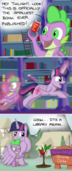 Size: 1080x2540 | Tagged: safe, artist:hoofclid, imported from derpibooru, spike, twilight sparkle, alicorn, dragon, pony, book, comic, crying, golden oaks library, heartwarming, hug, sapling, tree, twilight sparkle (alicorn), twilight's castle, winged spike, winghug, wings