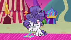Size: 1920x1080 | Tagged: safe, imported from derpibooru, screencap, rarity, pony, unicorn, my little pony: pony life, what goes updo, spoiler:pony life s02e17, alternate hairstyle, carnival tent, eyes closed, female, fetish fuel, g4.5, gemstones, mare, messy mane, mountain, path, pony life, sitting, solo, spit, spitting, tent, vomiting gems