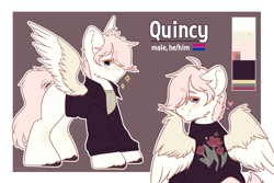 Size: 3000x2000 | Tagged: safe, artist:etoz, imported from derpibooru, oc, oc only, oc:quincy, pegasus, pony, clothes, cute, happy, heart, high res, looking at you, male, pegasus oc, rear view, reference sheet, shirt, smiling, solo, stallion, t-shirt, wing hole, wings