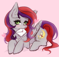Size: 3209x3089 | Tagged: safe, artist:miuq, imported from derpibooru, oc, oc only, oc:evening prose, pegasus, pony, female, freckles, high res, jewelry, letter, love letter, mare, mouth hold, necklace, pearl necklace, simple background, solo