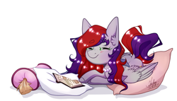 Size: 4850x2775 | Tagged: safe, artist:dar_onegin, imported from derpibooru, oc, oc only, oc:evening prose, pegasus, pony, book, cushion, eyes closed, female, freckles, jewelry, mare, necklace, pearl necklace, pillow, reading, simple background, solo, white background