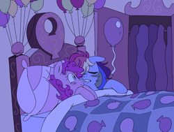 Size: 1000x755 | Tagged: safe, artist:anonymous, imported from derpibooru, pinkie pie, rainbow dash, earth pony, pegasus, pony, balloon, bed, blushing, cute, drawthread, female, lesbian, pinkiedash, requested art, shipping, sleeping
