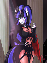Size: 775x1031 | Tagged: safe, artist:traupa, imported from derpibooru, oc, oc only, oc:coldlight bluestar, anthro, pony, unicorn, vampire, bat ears, clothes, collar, dress, fangs, female, makeup, mare, ponytail, solo