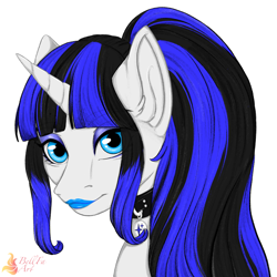 Size: 4050x4050 | Tagged: safe, artist:bellfa, imported from derpibooru, oc, oc only, oc:coldlight bluestar, pony, unicorn, bust, collar, eyeshadow, female, lipstick, looking at you, makeup, mare, ponytail, portrait, simple background, solo, white background