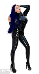 Size: 2871x5434 | Tagged: safe, artist:amywhooves, imported from derpibooru, oc, oc only, oc:coldlight bluestar, human, alternate hairstyle, big breasts, bodysuit, boots, breasts, clothes, collar, eyeshadow, high heels, high res, humanized, humanized oc, latex, latex suit, lipstick, makeup, not pony related, pose, shoes, simple background, solo, transparent background