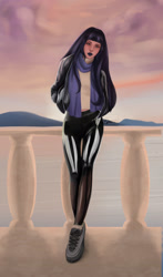 Size: 1938x3300 | Tagged: safe, artist:amywhooves, imported from derpibooru, oc, oc only, oc:coldlight bluestar, human, alternate hairstyle, clothes, evening, hand in pocket, hands in pockets, humanized, latex, latex pants, looking at you, mountain, ocean, scarf, shoes, solo, sweater