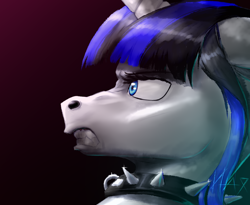 Size: 2200x1800 | Tagged: safe, artist:inaya, imported from derpibooru, oc, oc only, oc:coldlight bluestar, pony, unicorn, angry, angry face, bust, choker, collar, female, looking sideways, mare, portrait, profile, profile view, simple background, solo, spiked choker, spiked collar