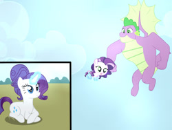 Size: 1280x960 | Tagged: safe, artist:crystallightfury, imported from derpibooru, rarity, spike, dracony, dragon, hybrid, pony, unicorn, alternate hairstyle, baby, family, female, gigachad spike, interspecies offspring, male, offspring, older, older rarity, older spike, parent:rarity, parent:spike, parents:sparity, shipping, sparity, straight, winged spike, wings