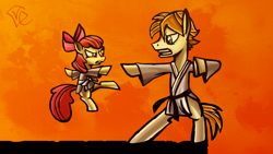 Size: 1920x1080 | Tagged: safe, artist:veanakart, imported from derpibooru, apple bloom, oc, oc:mandopony, black belt, duo, gi, karate, kicking, looking at each other, mandopony, martial arts, punch, red background, simple background, white belt