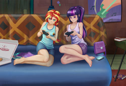 Size: 2434x1676 | Tagged: safe, artist:scs-g3-n17, imported from derpibooru, sci-twi, sunset shimmer, twilight sparkle, human, equestria girls, barefoot, book, clothes, confident, controller, couch, denim shorts, duo, duo female, feet, female, food, friendship journal, gamer girl, gamer sunset, gym shorts, handbag, human coloration, indoors, journal, legs, multicolored hair, pizza, pizza box, playing, ponytail, purple eyes, request, requested art, shorts, sleeveless, smiling, sunset's apartment, tanktop, tomboy, turquoise eyes, video game