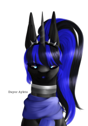 Size: 1980x2840 | Tagged: safe, artist:dayer aykto, imported from derpibooru, oc, oc only, oc:coldlight bluestar, latex pony, original species, pony, unicorn, black sclera, bust, choker, clothes, collar, female, glowing eyes, jewelry, latex, lipstick, living latex, looking at you, mare, ponytail, portrait, scarf, simple background, solo, symbiote, tiara, transparent background