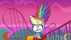 Size: 1920x1080 | Tagged: safe, imported from derpibooru, screencap, rainbow dash, pegasus, pony, my little pony: pony life, what goes updo, spoiler:pony life s02e17, alternate hairstyle, female, g4.5, mare, pony life, roller coaster, solo