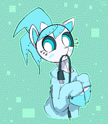 Size: 467x538 | Tagged: safe, artist:saltycube, derpibooru exclusive, imported from derpibooru, earth pony, pony, robot, robot pony, my little pony: pony life, abstract background, blushing, cable, clothes, female, g4.5, hoodie, mare, mecha pony, mouth hold, natalie, pony life, solo, usb, usb cable
