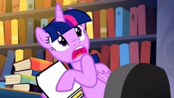 Size: 720x407 | Tagged: safe, artist:rsa.fim, imported from derpibooru, twilight sparkle, alicorn, pony, book, exploitable meme, library, meme, open mouth, photo, scared, solo, template, twilight sparkle (alicorn)