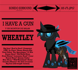 Size: 1435x1285 | Tagged: safe, artist:wheatley r.h., derpibooru exclusive, imported from derpibooru, oc, oc only, oc:w. rhinestone eyes, changeling, album cover, bat wings, big iron, blue changeling, changeling oc, cowboy, cowboy hat, fallout, fallout: new vegas, gun, handgun, hat, honeypot changeling, male, marty robbins, red background, revolver, simple background, solo, song reference, stallion, vector, watermark, weapon, wings