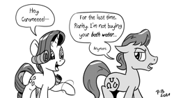 Size: 1200x675 | Tagged: safe, artist:pony-berserker, imported from derpibooru, caramel, rarity, earth pony, pony, unicorn, angry, annoyed, bath water, glare, halftone, happy, looking left, looking right, male, monochrome, pony-berserker's twitter sketches, simp, simple background, stallion, stippling, waving, white background