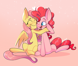 Size: 1280x1090 | Tagged: safe, artist:dymitre, artist:reborn3580, imported from derpibooru, fluttershy, pinkie pie, earth pony, pegasus, pony, abstract background, blushing, duo, eyes closed, female, friendshipping, happy, heart, hug, looking at someone, mare, one eye closed, open mouth, pink background, simple background, sitting, smiling, spread wings, wings