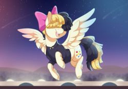 Size: 3129x2187 | Tagged: safe, artist:denny vixie, artist:dvixie, imported from derpibooru, imported from ponybooru, songbird serenade, pegasus, pony, my little pony: the movie, bow, clothes, commission, commissioner:reversalmushroom, female, flying, hair bow, hair over eyes, high res, hoof fluff, mare, night, open mouth, shirt, shooting star, singing, solo focus, spread wings, stage, stars, wings