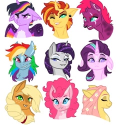 Size: 500x500 | Tagged: safe, artist:nalanisumner17, imported from derpibooru, applejack, fluttershy, pinkie pie, rainbow dash, rarity, starlight glimmer, sunset shimmer, tempest shadow, twilight sparkle, alicorn, earth pony, pegasus, pony, unicorn, alternate hairstyle, bedroom eyes, ear piercing, earring, eye scar, eyes closed, eyeshadow, female, floppy ears, flower, flower in hair, grin, jewelry, makeup, mane six, mare, markings, nose piercing, nose ring, one eye closed, open mouth, piercing, redesign, scar, simple background, smiling, twilight sparkle (alicorn), white background, wink