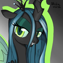 Size: 800x800 | Tagged: safe, artist:whitelie, imported from derpibooru, queen chrysalis, changeling, changeling queen, crown, female, jewelry, looking at you, regalia, simple background, smiling