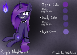 Size: 1040x740 | Tagged: safe, artist:whitelie, imported from derpibooru, oc, oc only, oc:purple nightmare, unicorn, choker, looking at you, reference sheet, simple background, sitting, smiling, spiked choker