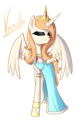 Size: 1092x1636 | Tagged: safe, artist:whitelie, imported from derpibooru, oc, oc:vanilla, alicorn, alicorn oc, clothes, dress, eyes closed, horn, jewelry, makeup, simple background, tiara, white background, wings