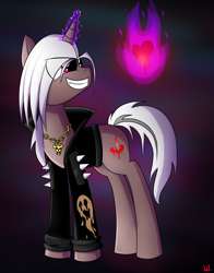 Size: 1100x1400 | Tagged: safe, artist:whitelie, imported from derpibooru, oc, oc only, unicorn, clothes, collar, fire, heart, jacket, simple background, smiling, spikes