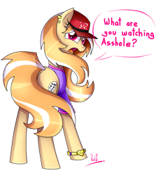 Size: 845x946 | Tagged: safe, artist:whitelie, imported from derpibooru, oc, oc only, oc:rude mouth, bracelet, cap, clothes, ear piercing, earring, hat, jewelry, looking at you, looking back, looking back at you, open mouth, piercing, shirt, simple background, speech bubble, strategically covered, text, transparent background, vulgar